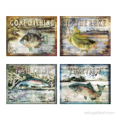 Classic Outdoors Fishing Signs: Lakeview, Fish Camp, Gone Fishing, to the Lake; Four 14x11 Prints